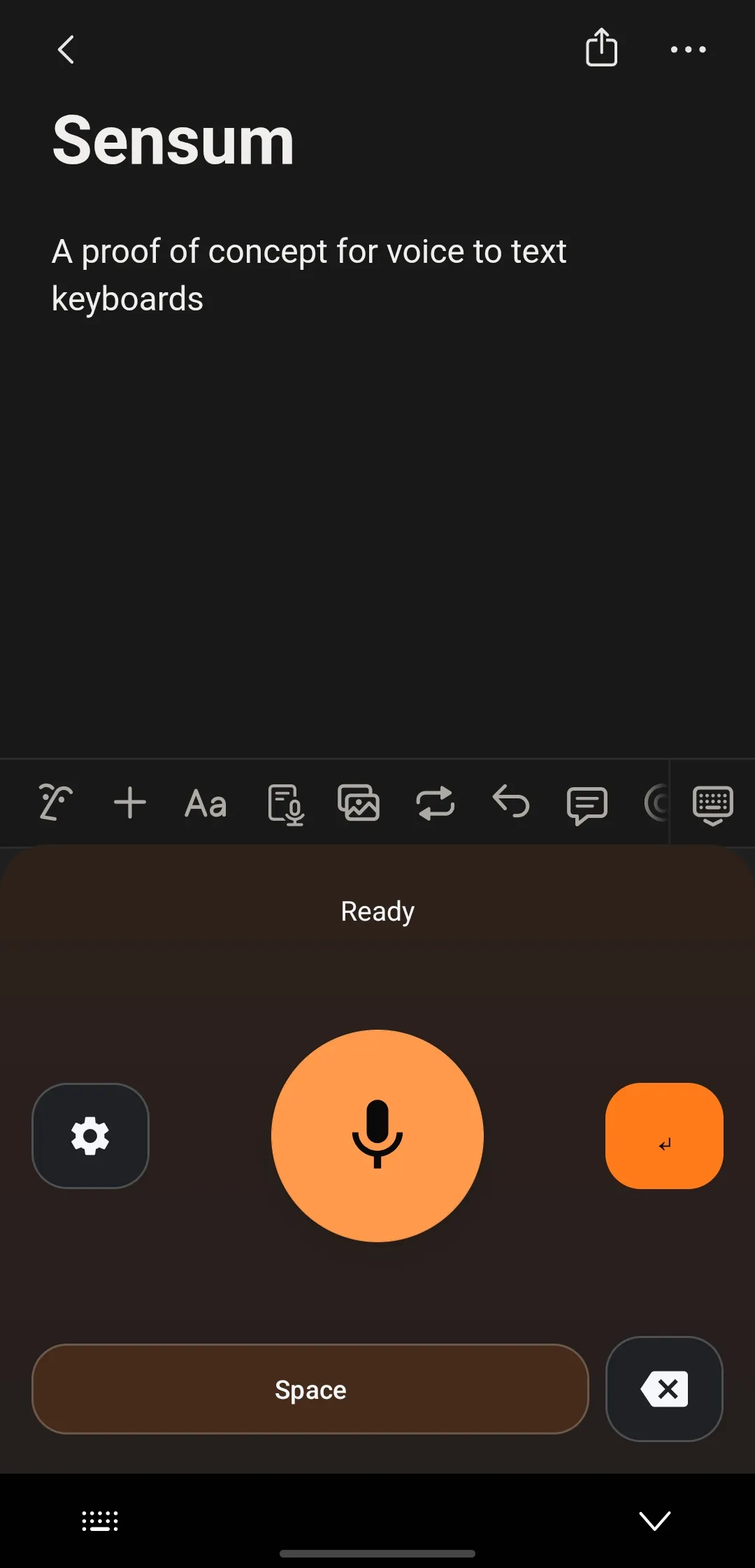Sensum voice keyboard interface on Android transcribing speech