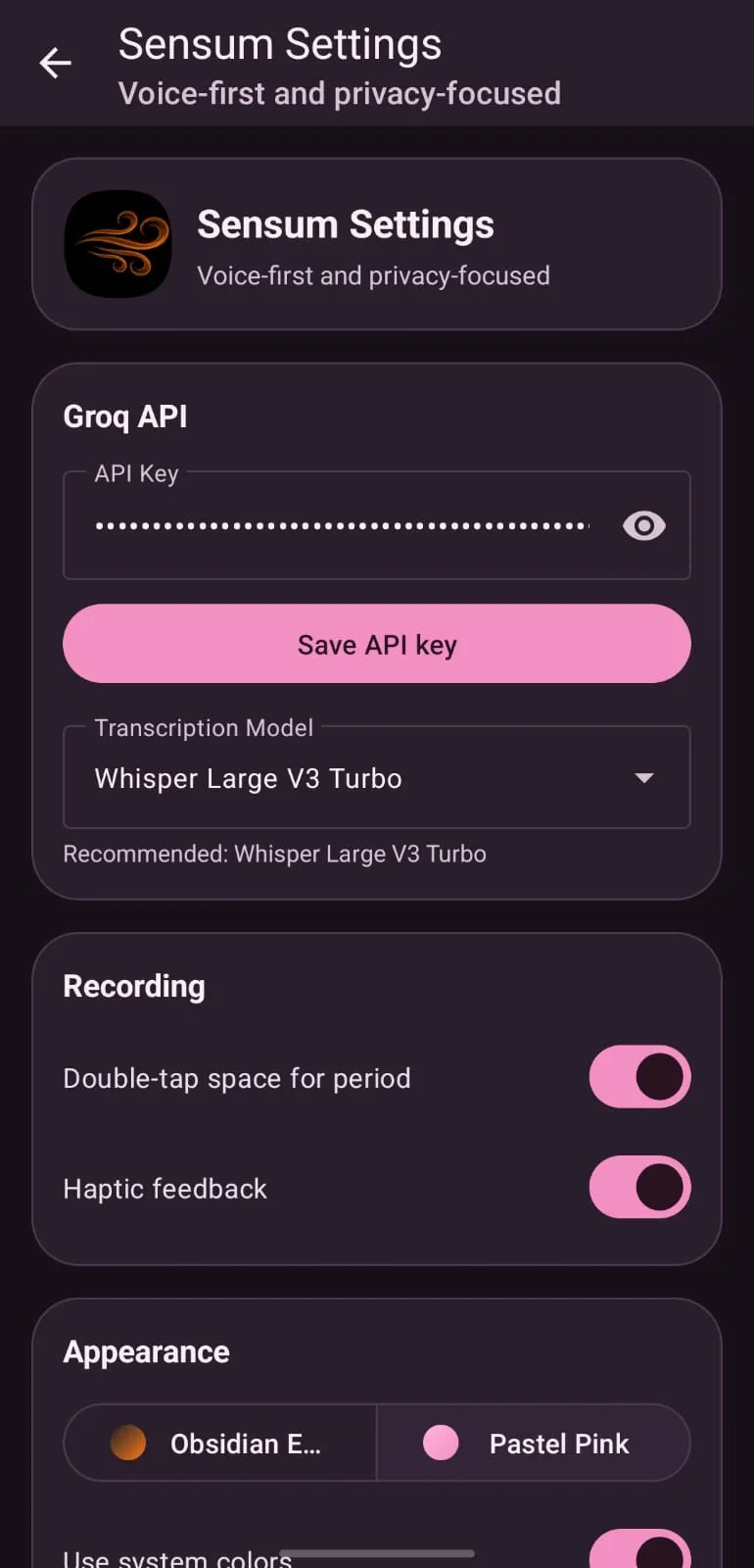 Sensum Android app settings page showing transcription options