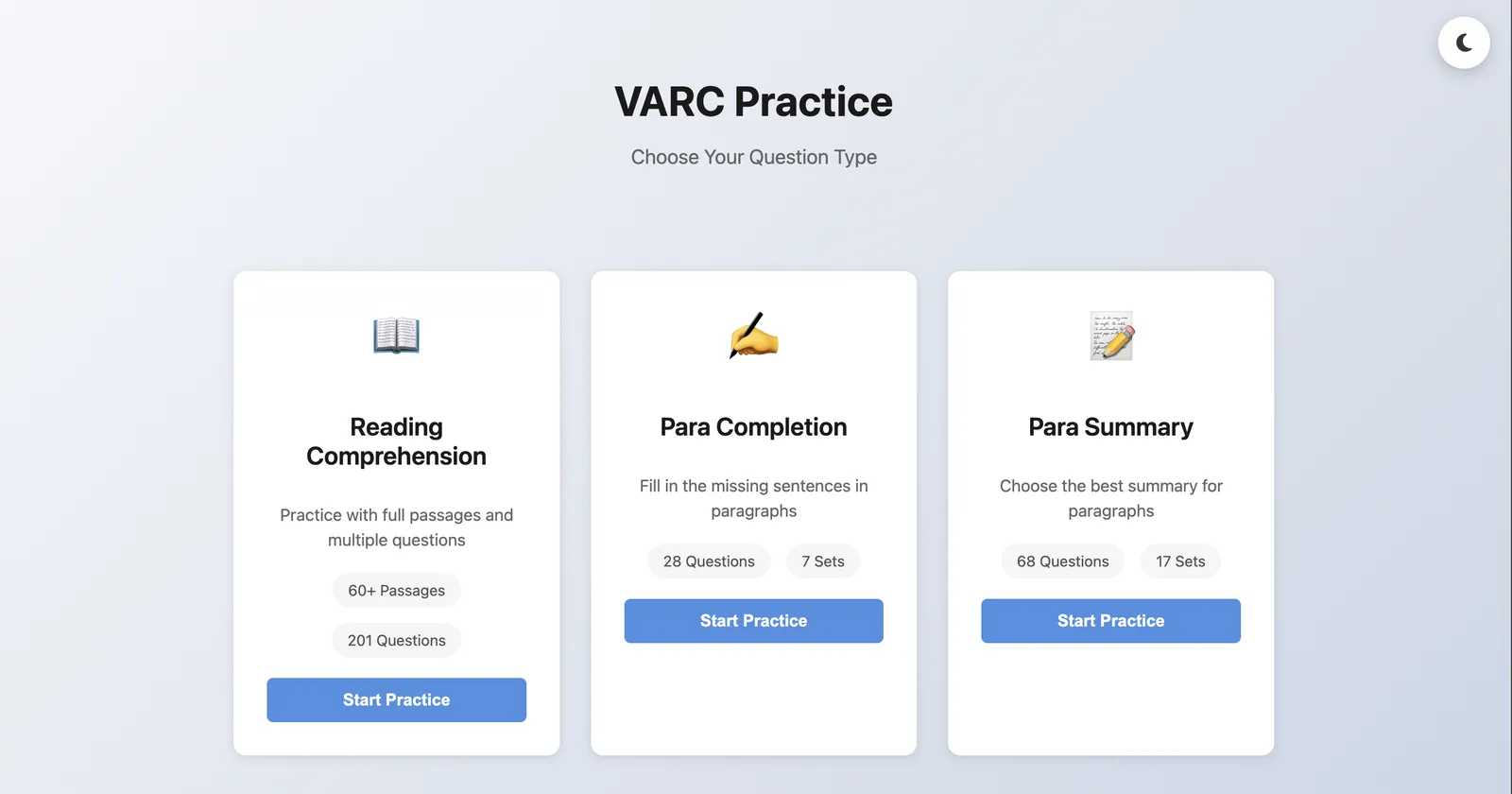 VARC Practice landing page showing reading comprehension prep resources