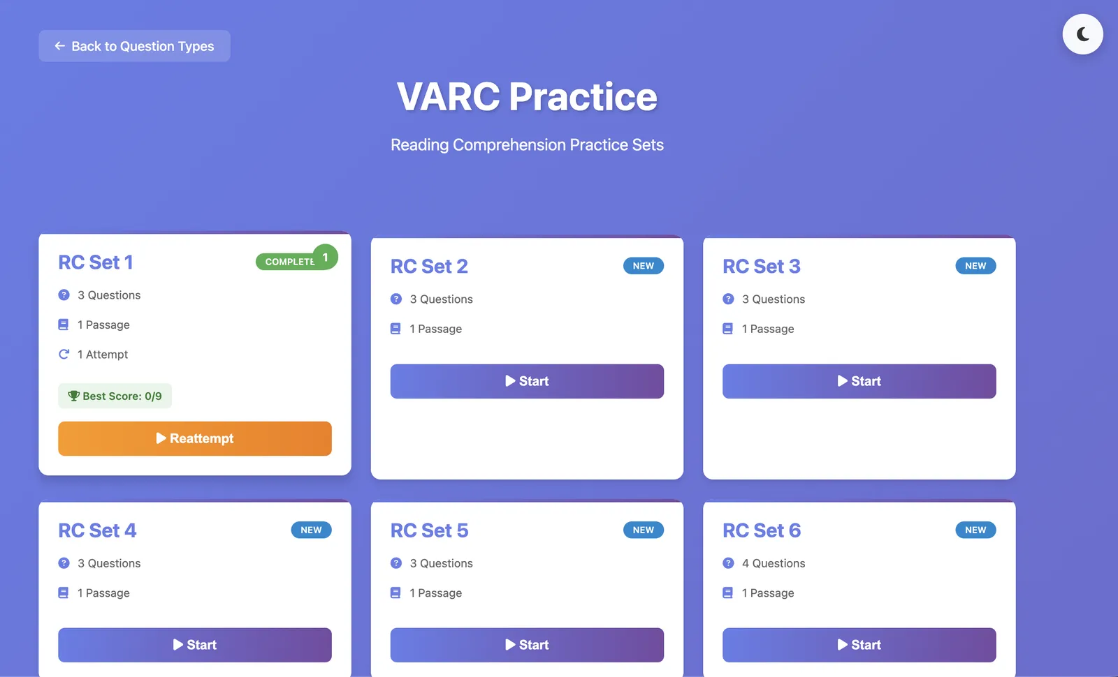 VARC Practice question selector page showing various practice sets