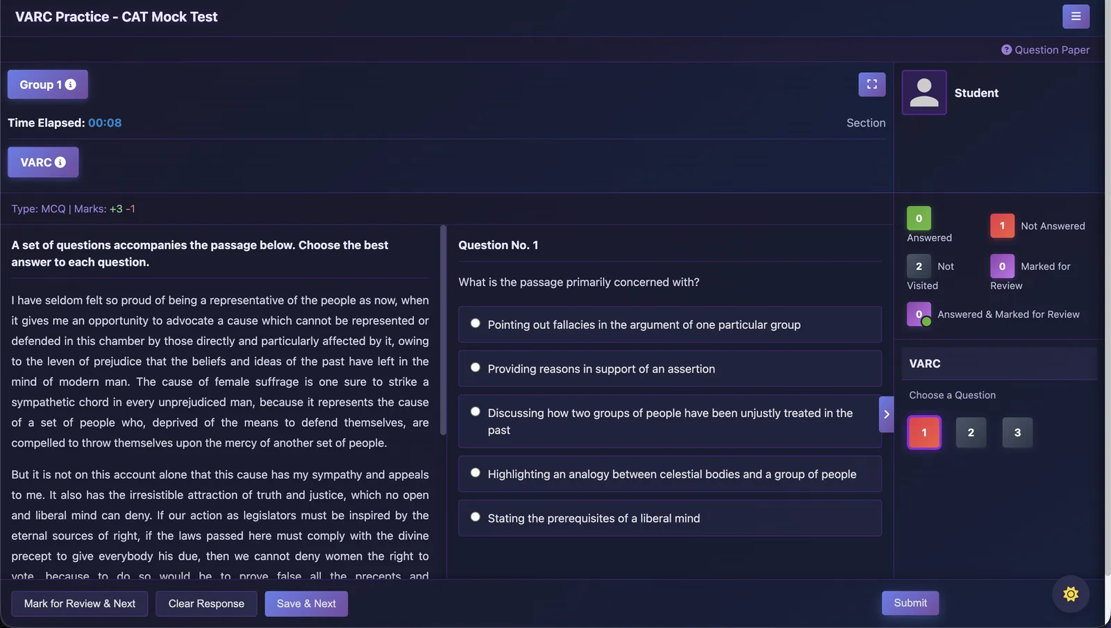 CAT exam mock test interface of VARC Practice in dark mode with timer