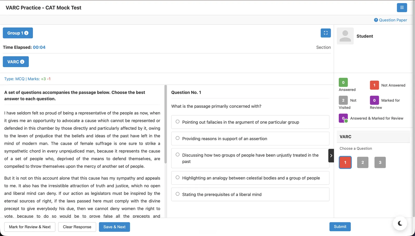 CAT exam mock test interface of VARC Practice in light mode